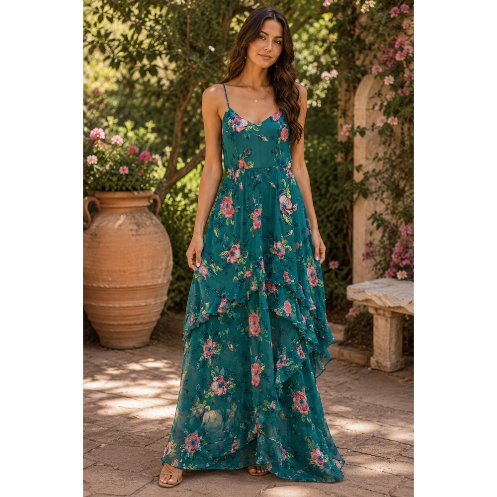 Xhilaration Floral High Low Maxi Dress Teal Rose Print Ruffle Hem Boho Small